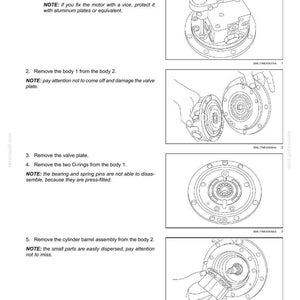 May include: Diagram illustrating the disassembly of a travel motor, with step-by-step instructions and accompanying illustrations. Includes notes on safety and part handling. Hexagon size is 6 mm.