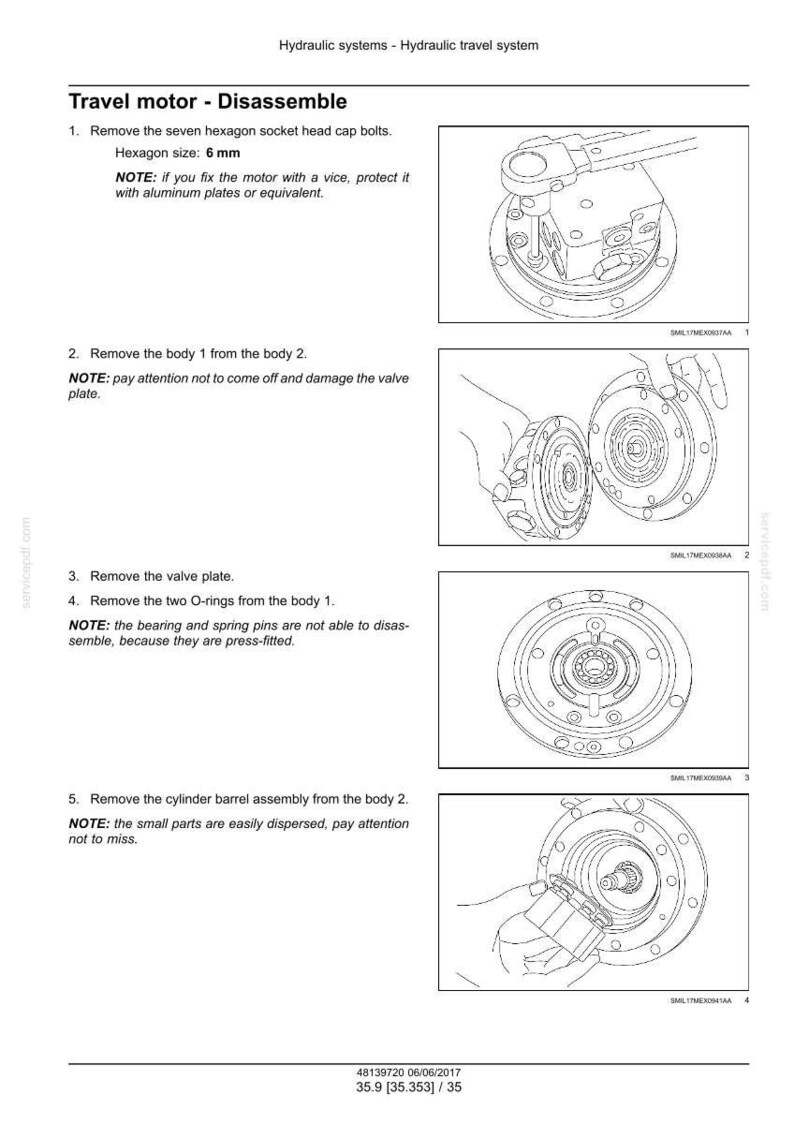 May include: Diagram illustrating the disassembly of a travel motor, with step-by-step instructions and accompanying illustrations. Includes notes on safety and part handling. Hexagon size is 6 mm.