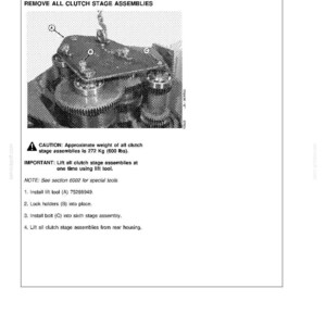 May include: A technical diagram from CASE CONSTRUCTION shows instructions for removing clutch stage assemblies. The image includes a detailed view of the machinery, with labels and a warning about the weight of the assemblies, which is approximately 600 lbs.