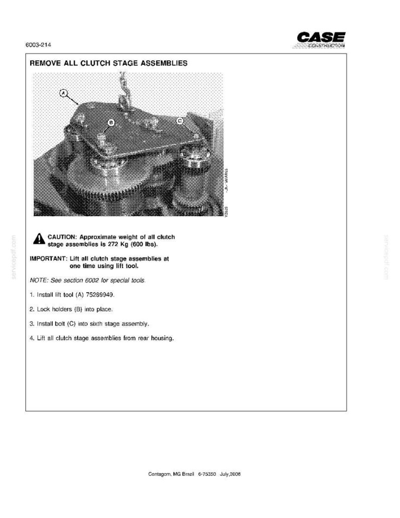 May include: A technical diagram from CASE CONSTRUCTION shows instructions for removing clutch stage assemblies. The image includes a detailed view of the machinery, with labels and a warning about the weight of the assemblies, which is approximately 600 lbs.