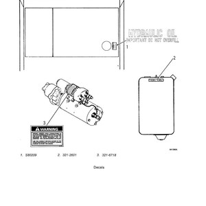 May include: Line drawing of machinery components, including a starter motor, a fluid reservoir, and a cabinet. Text includes "Hydraulic Oil" and a warning about cable connections. Part numbers are also listed.