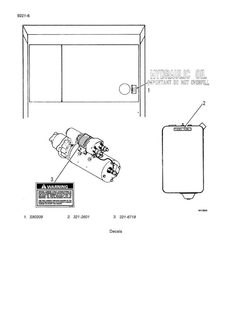 May include: Line drawing of machinery components, including a starter motor, a fluid reservoir, and a cabinet. Text includes "Hydraulic Oil" and a warning about cable connections. Part numbers are also listed.