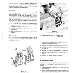 May include: Page from a Ford 6500-7500 service manual, Chapter 2, with diagrams and instructions for removing and inspecting hoses and tubing. Includes figures 34 and 35, showing hose clamp locations and boom hose connections.