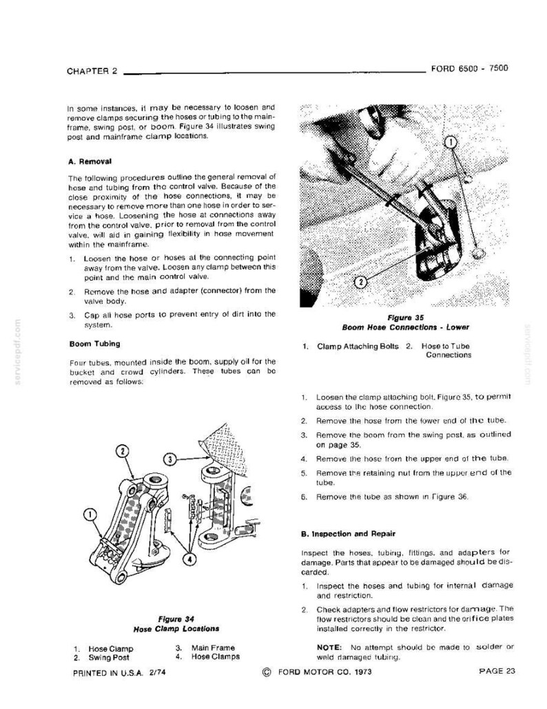 May include: Page from a Ford 6500-7500 service manual, Chapter 2, with diagrams and instructions for removing and inspecting hoses and tubing. Includes figures 34 and 35, showing hose clamp locations and boom hose connections.