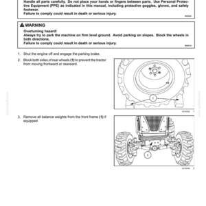 May include: Diagram showing tractor wheels and instructions for removing the live axle adjustable tie rod. Includes safety warnings about injury and overturning hazards. Text instructions are provided.