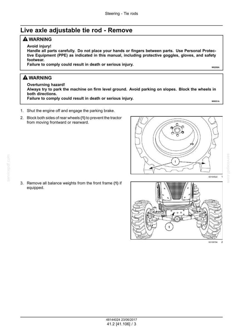 May include: Diagram showing tractor wheels and instructions for removing the live axle adjustable tie rod. Includes safety warnings about injury and overturning hazards. Text instructions are provided.