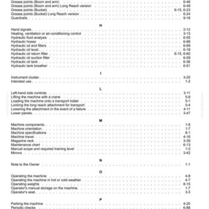 May include: A detailed page from a manual, featuring a table of contents with various machine-related topics. The text is black on a white background, with section headings and page numbers.