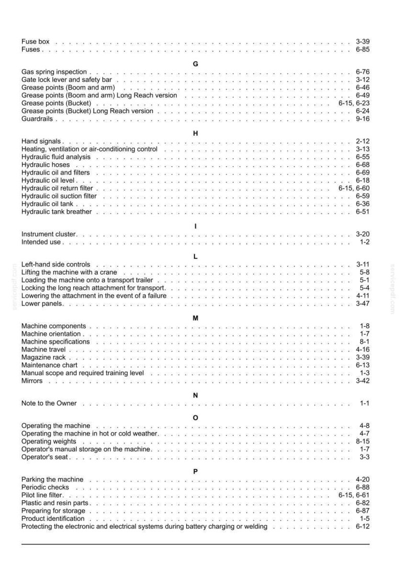 May include: A detailed page from a manual, featuring a table of contents with various machine-related topics. The text is black on a white background, with section headings and page numbers.