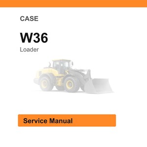 Puede incluir: Imagen de un manual de servicio CASE W36 Loader. La imagen presenta el texto "CASE" en la parte superior, seguido de "W36" en negrita y "Loader" debajo. Un cargador amarillo es visible en el fondo. Las palabras "Service Manual" est&aacute;n en un rect&aacute;ngulo naranja.