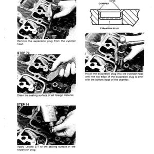 May include: Black and white technical diagram showing the disassembly of a cylinder head. Steps include removing and installing expansion plugs, and applying Loctite 277. Text includes "Cylinder Head Disassembled" and "Printed in U.S.A."