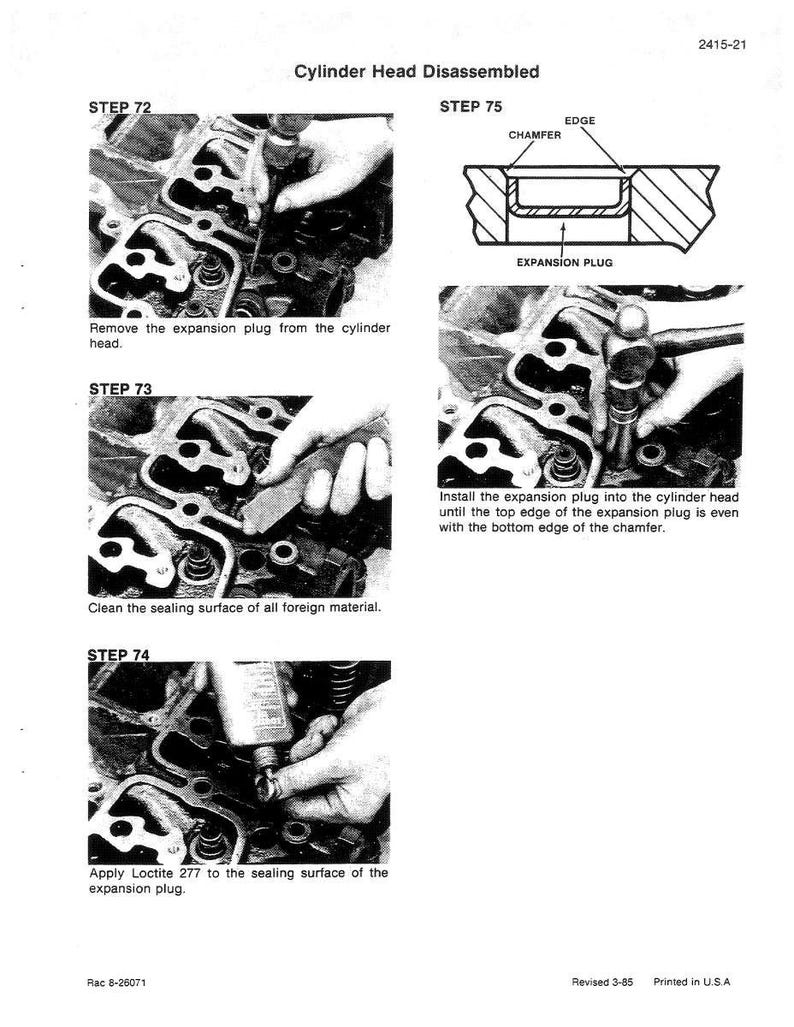 May include: Black and white technical diagram showing the disassembly of a cylinder head. Steps include removing and installing expansion plugs, and applying Loctite 277. Text includes "Cylinder Head Disassembled" and "Printed in U.S.A."