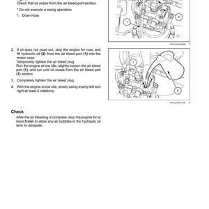 May include: Diagram of a hydraulic system bleed procedure. Instructions include removing the air bleed plug with an 8 mm wrench, filling with hydraulic oil, and tightening the plug. Includes diagrams of the system.