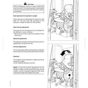 May include: A page from an operator's manual detailing seat adjustments. The text includes instructions for adjusting the seat to the operator's weight, fore-aft, backrest, armrest, and headrest. Diagrams illustrate the adjustment points.