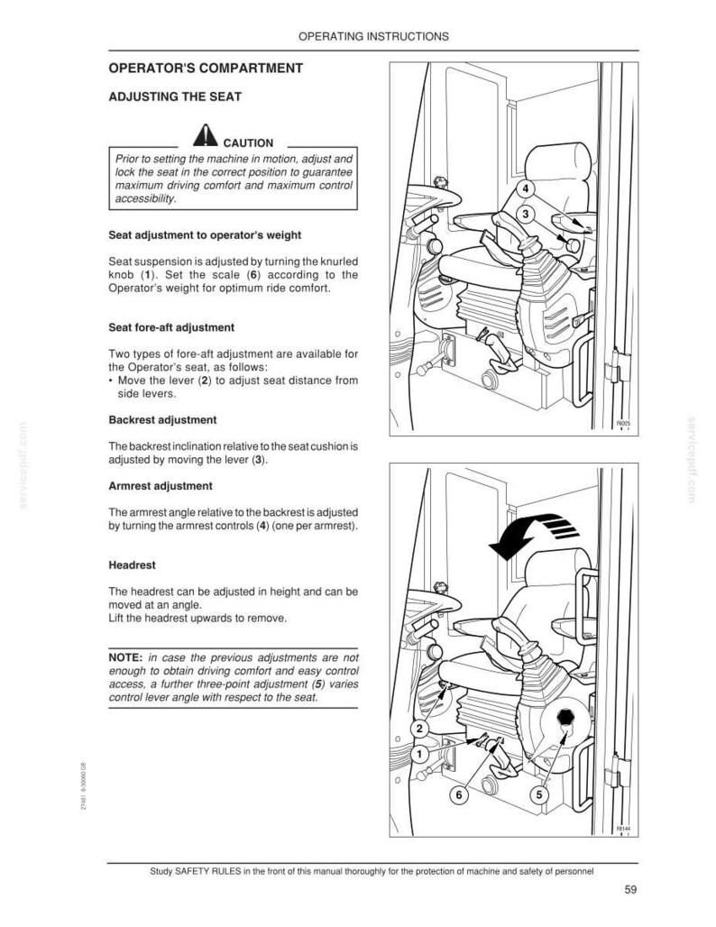 May include: A page from an operator's manual detailing seat adjustments. The text includes instructions for adjusting the seat to the operator's weight, fore-aft, backrest, armrest, and headrest. Diagrams illustrate the adjustment points.