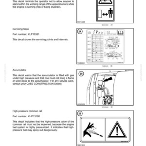 Op de afbeelding: Pagina met veiligheidsinformatie met diagrammen en waarschuwingen. Bevat een diagram met een persoon en een machine, een diagram van de interne componenten van een machine en een diagram met een hand en een spray.