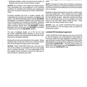 May include: A page from a maintenance manual with text about biodiesel fuel storage, handling, and approval. The text includes warnings about fuel quality, storage time, and the use of approved additives. The page also details B10 biodiesel approval.