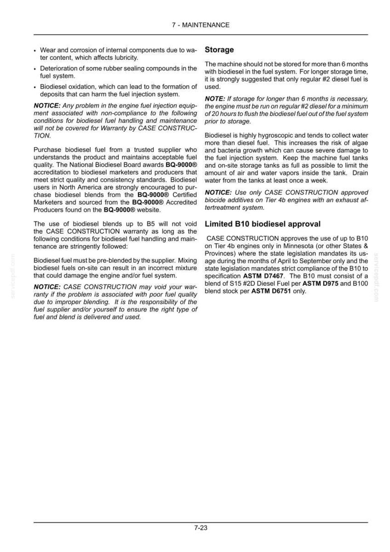 May include: A page from a maintenance manual with text about biodiesel fuel storage, handling, and approval. The text includes warnings about fuel quality, storage time, and the use of approved additives. The page also details B10 biodiesel approval.