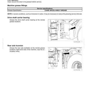 May include: A page from a maintenance manual detailing machine grease fittings. The text includes instructions for greasing the machine at remote locations, with diagrams of the drive shaft carrier bearing and rear axle trunnion. The manual specifies CASE AKCELA MOLY GREASE.