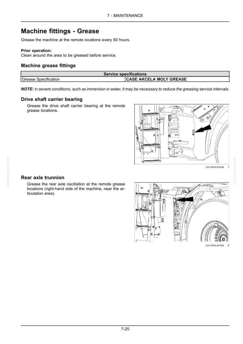 May include: A page from a maintenance manual detailing machine grease fittings. The text includes instructions for greasing the machine at remote locations, with diagrams of the drive shaft carrier bearing and rear axle trunnion. The manual specifies CASE AKCELA MOLY GREASE.