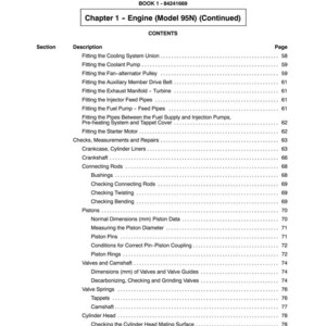 May include: A page from a manual titled "SECTION 10 - ENGINE" with a table of contents for engine components. The text includes terms like "Coolant Pump," "Pistons," and "Cylinder Head." The book number is 84241669.