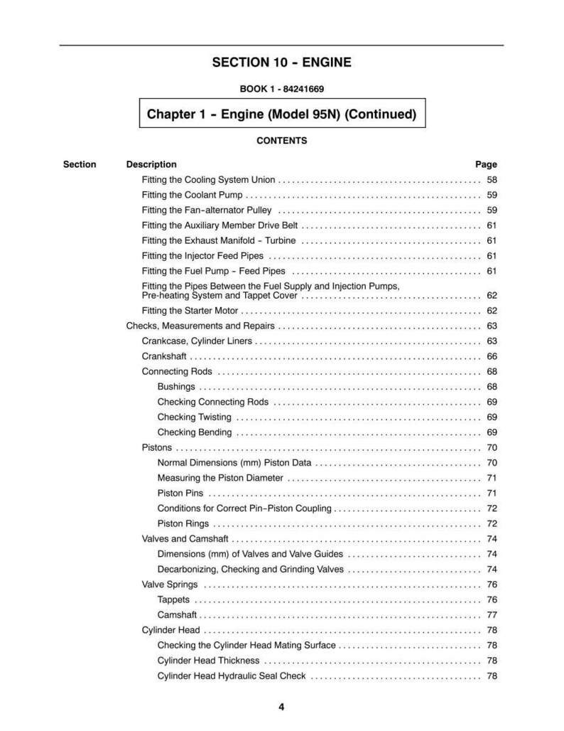 May include: A page from a manual titled "SECTION 10 - ENGINE" with a table of contents for engine components. The text includes terms like "Coolant Pump," "Pistons," and "Cylinder Head." The book number is 84241669.