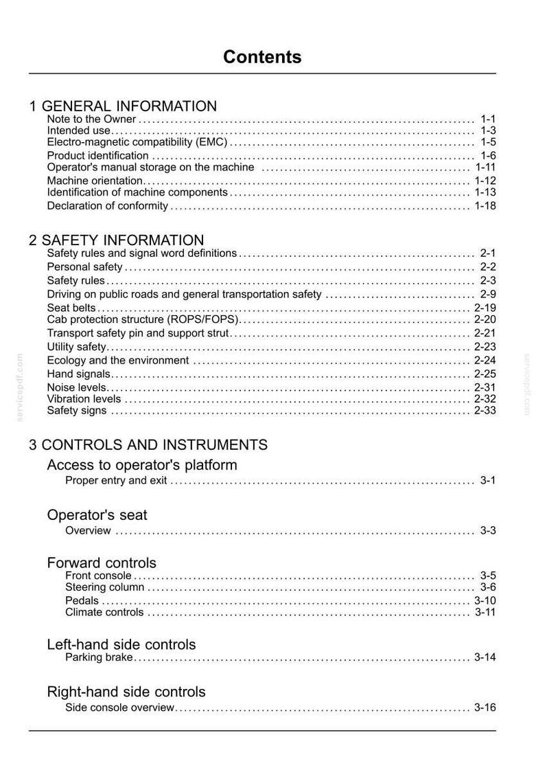 May include: A white document page with the title "Contents" at the top. The document is divided into sections, including "General Information," "Safety Information," and "Controls and Instruments." The text is black.