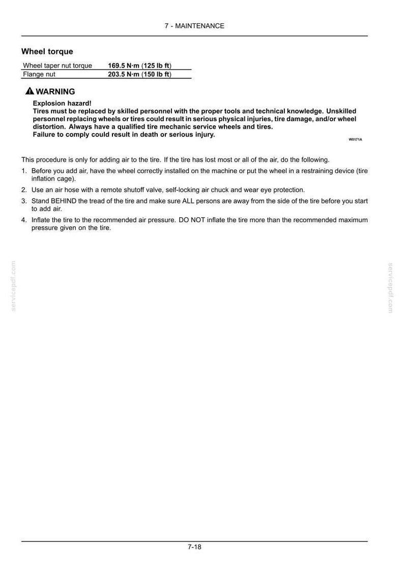 以下が含まれることがあります： 「7-MAINTENANCE」と題された技術メンテナンス文書のページ。テーパーナットのトルク仕様は169.5 N&middot;m、フランジナットは203.5 N&middot;mと記載されています。タイヤの爆発の危険性に関する警告と、空気圧調整の手順が含まれています。