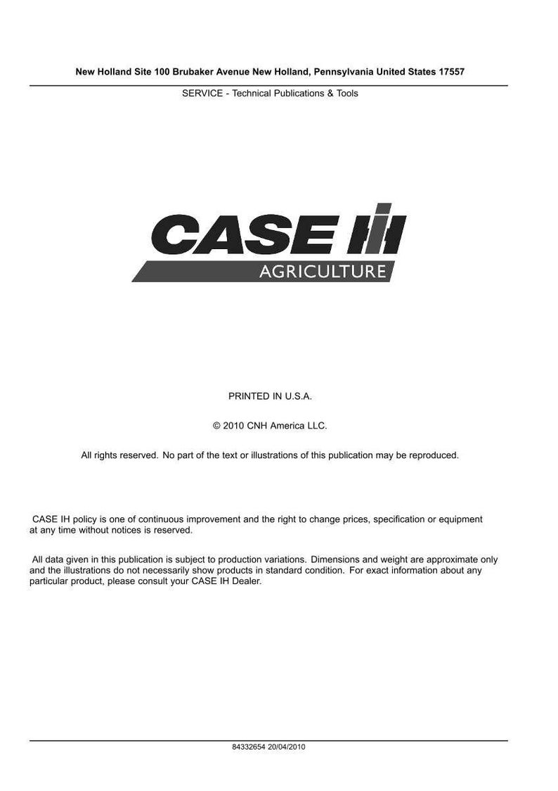 May include: White document with the "CASE IH AGRICULTURE" logo. Text includes "Printed in U.S.A." and copyright information for CNH America LLC. The document is a technical publication.