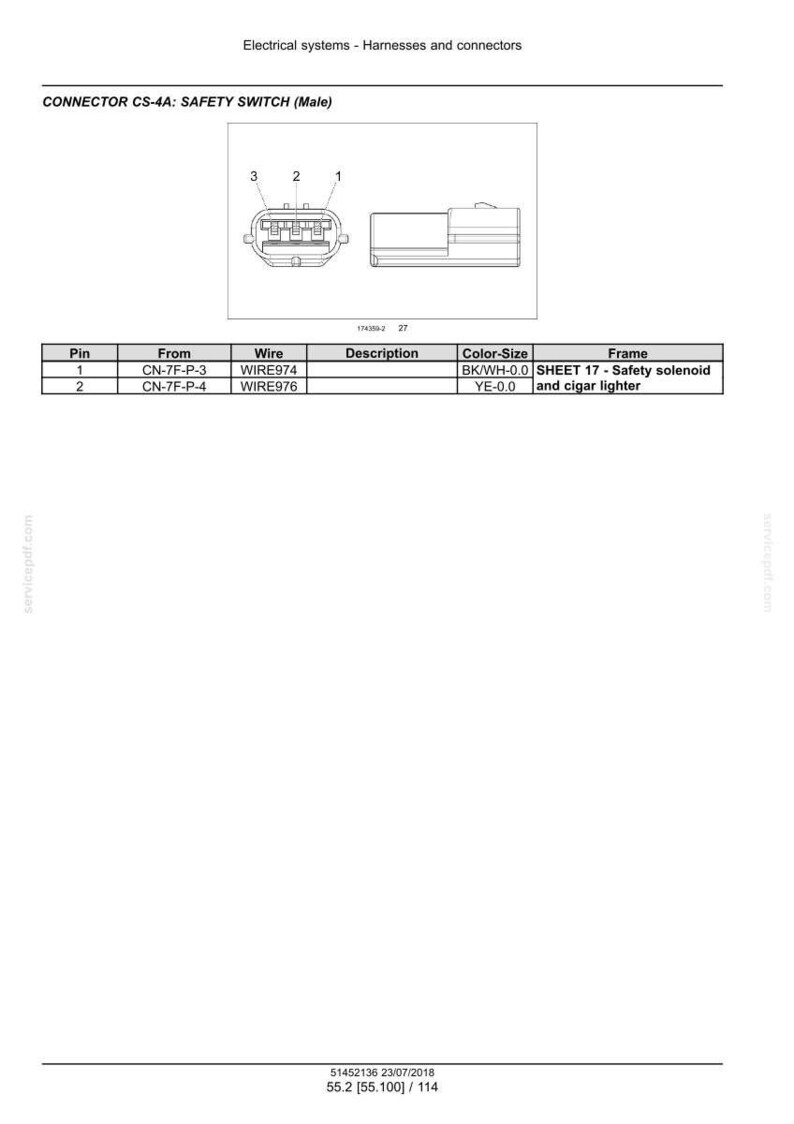 May include: Diagram of a male safety switch connector, labeled CS-4A, with a side view and top view. The diagram includes a table detailing pin connections, wire types, and color-size specifications for electrical systems.
