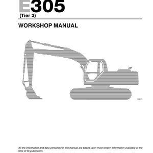 Pode incluir: Uma capa branca de manual de oficina com o texto "E265 E305 (Tier 3) WORKSHOP MANUAL". A capa apresenta um desenho a tra&ccedil;o de uma escavadeira. A parte inferior da capa inclui o texto "NEW HOLLAND KOBELCO CONSTRUCTION MACHINERY S.p.A. - Product Support."