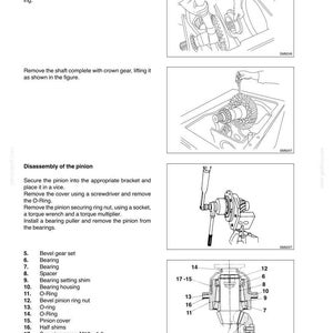 Puede incluir: Diagrama t&eacute;cnico de un manual que detalla el desmontaje de un pi&ntilde;&oacute;n, incluyendo un juego de engranajes c&oacute;nicos, rodamientos y juntas t&oacute;ricas. La imagen incluye piezas etiquetadas e instrucciones para la reparaci&oacute;n automotriz.