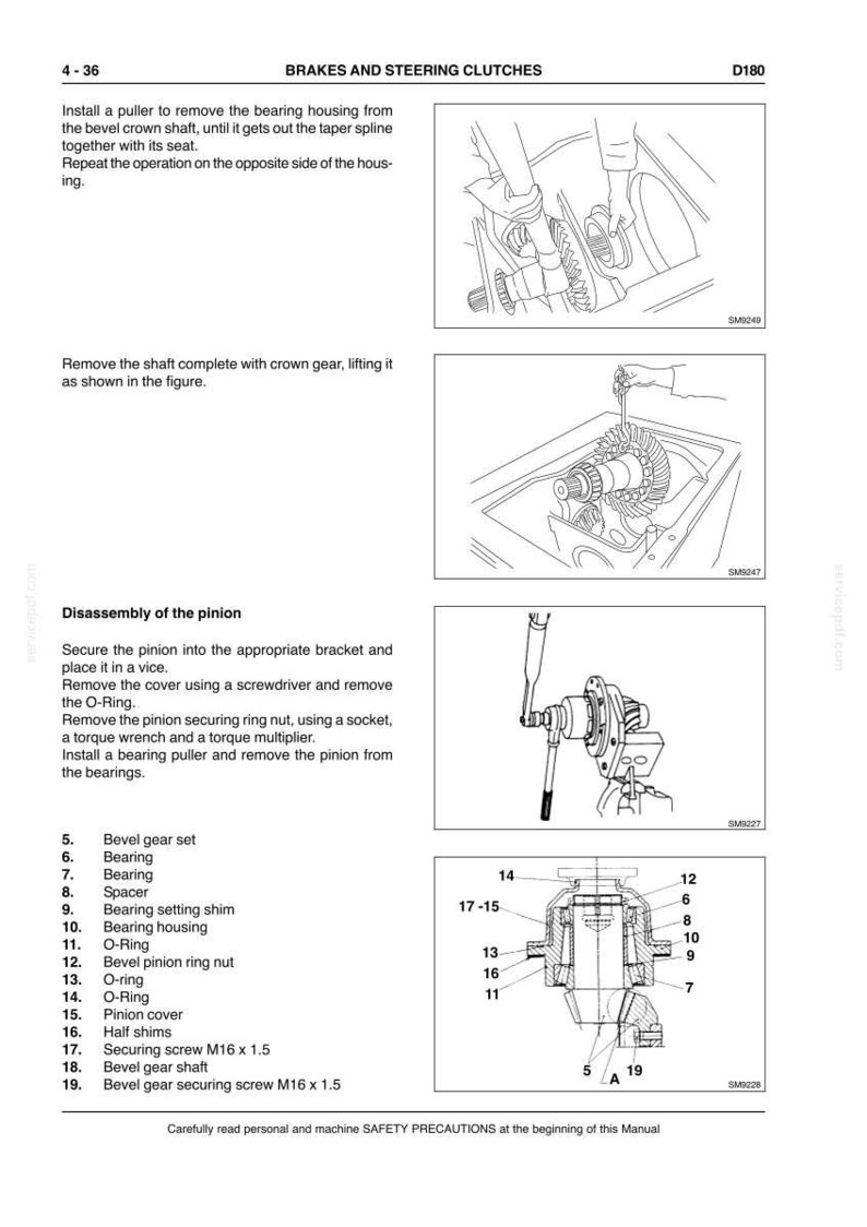 Puede incluir: Diagrama t&eacute;cnico de un manual que detalla el desmontaje de un pi&ntilde;&oacute;n, incluyendo un juego de engranajes c&oacute;nicos, rodamientos y juntas t&oacute;ricas. La imagen incluye piezas etiquetadas e instrucciones para la reparaci&oacute;n automotriz.