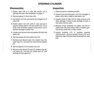May include: A page from a manual detailing the disassembly and inspection of a steering cylinder. The text includes specifications for torque, disassembly steps, and inspection procedures. The page is white with black text.
