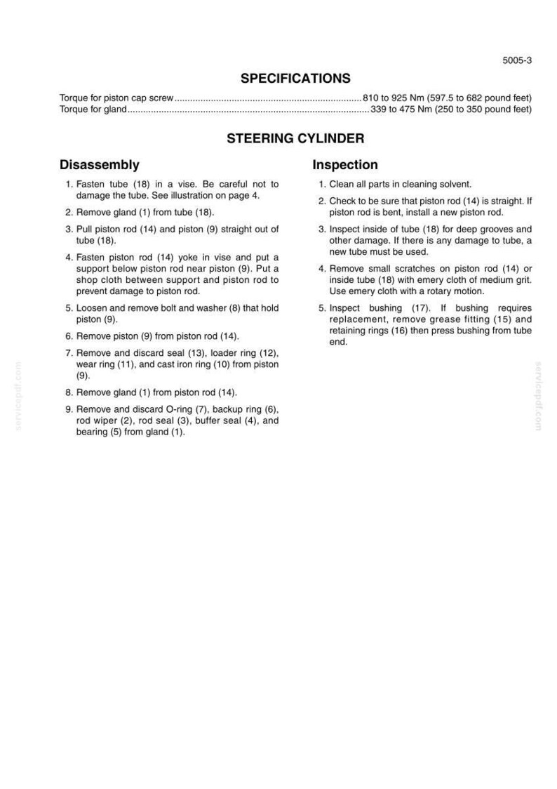 May include: A page from a manual detailing the disassembly and inspection of a steering cylinder. The text includes specifications for torque, disassembly steps, and inspection procedures. The page is white with black text.
