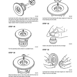 Op de afbeelding: Gedetailleerd diagram van motorassemblagestappen. De afbeelding toont stappen voor het smeren van onderdelen, het plaatsen van lagers en het uitlijnen van componenten. Tekstinstructies begeleiden elke stap voor onderhoud.
