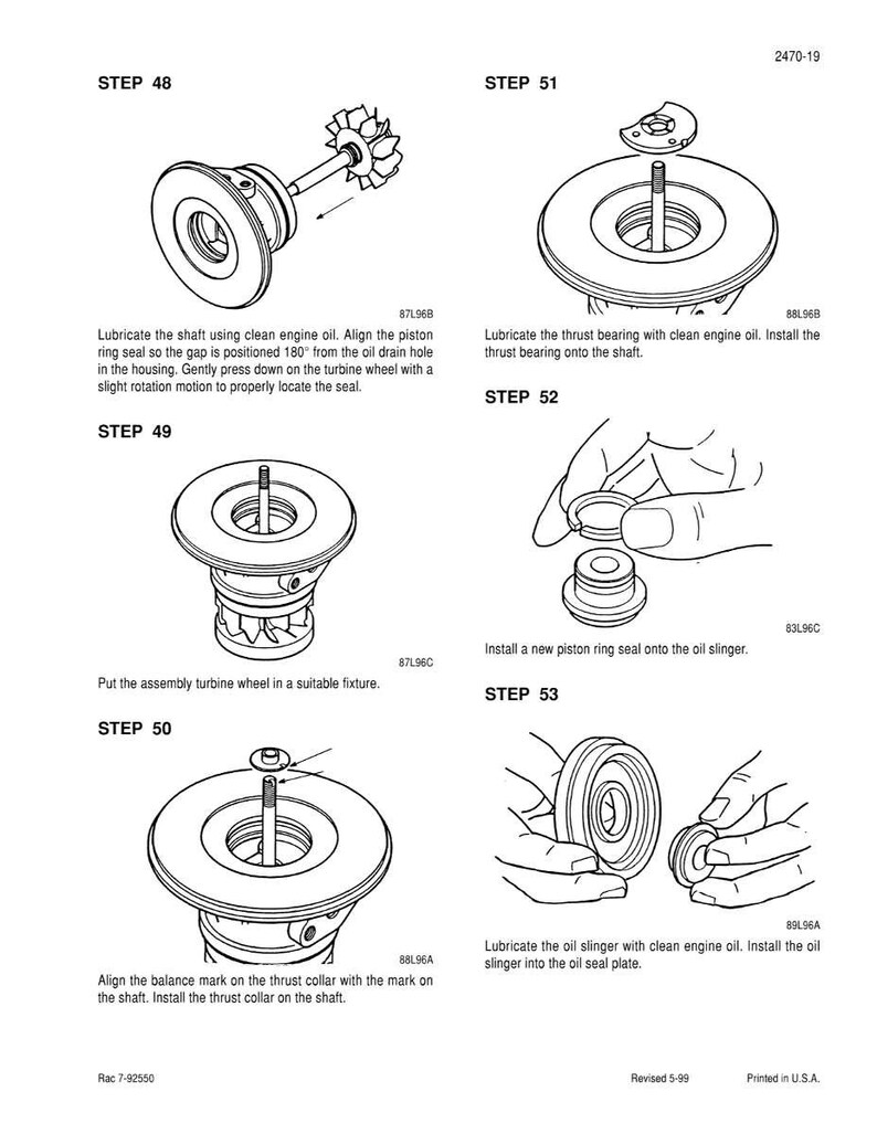 Op de afbeelding: Gedetailleerd diagram van motorassemblagestappen. De afbeelding toont stappen voor het smeren van onderdelen, het plaatsen van lagers en het uitlijnen van componenten. Tekstinstructies begeleiden elke stap voor onderhoud.