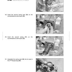 May include: A technical manual page titled TRAVEL DEVICE showing four black and white instructional steps for mechanical assembly. The images feature metal components, including socket head screws, a spring seat, a spring, and a flanged plug.