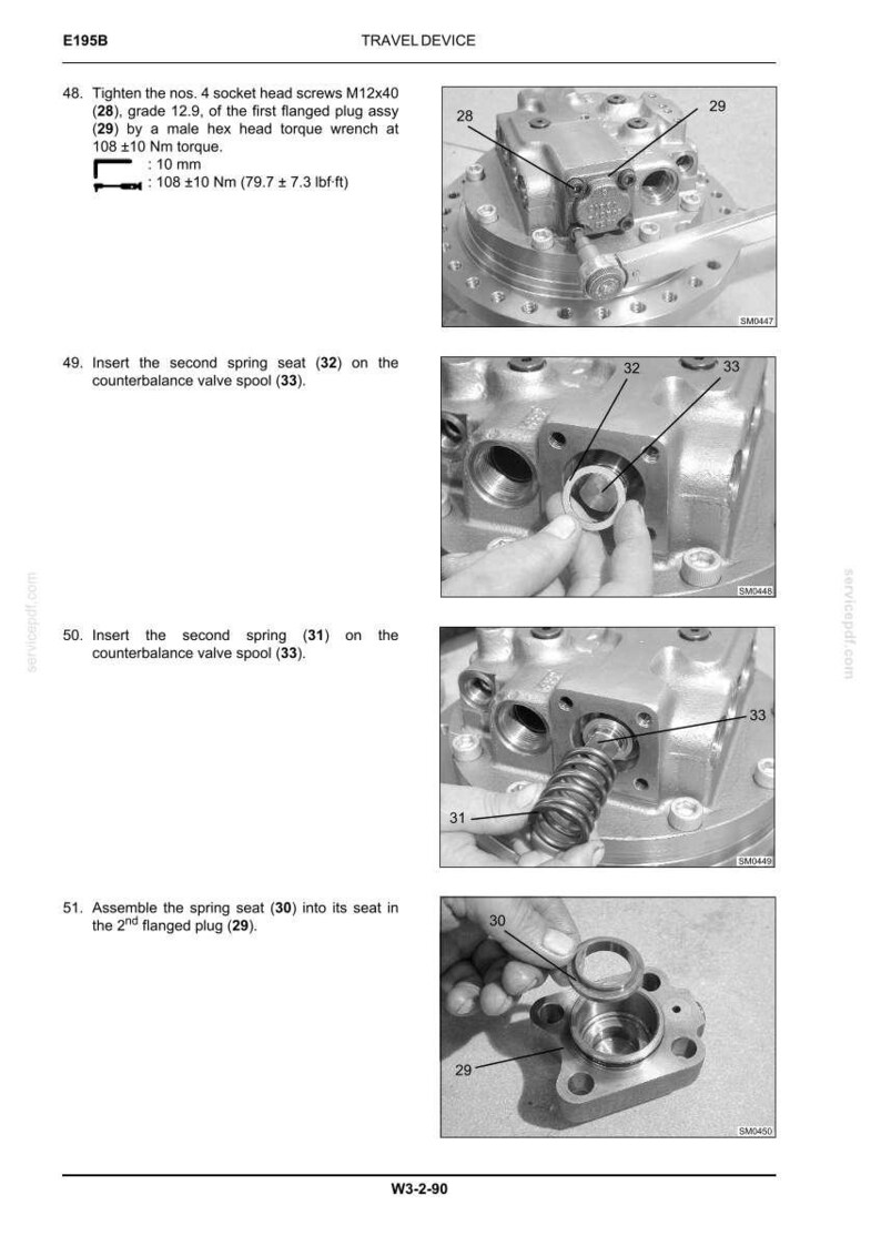 May include: A technical manual page titled TRAVEL DEVICE showing four black and white instructional steps for mechanical assembly. The images feature metal components, including socket head screws, a spring seat, a spring, and a flanged plug.