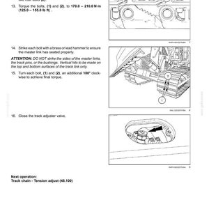 Peut inclure: Sch&eacute;ma technique des composants de la suspension de chenille et de la voie, avec instructions. Comprend des illustrations de boulons, de maillons ma&icirc;tres et de la soupape de r&eacute;glage de la voie. Mesures en N-m.