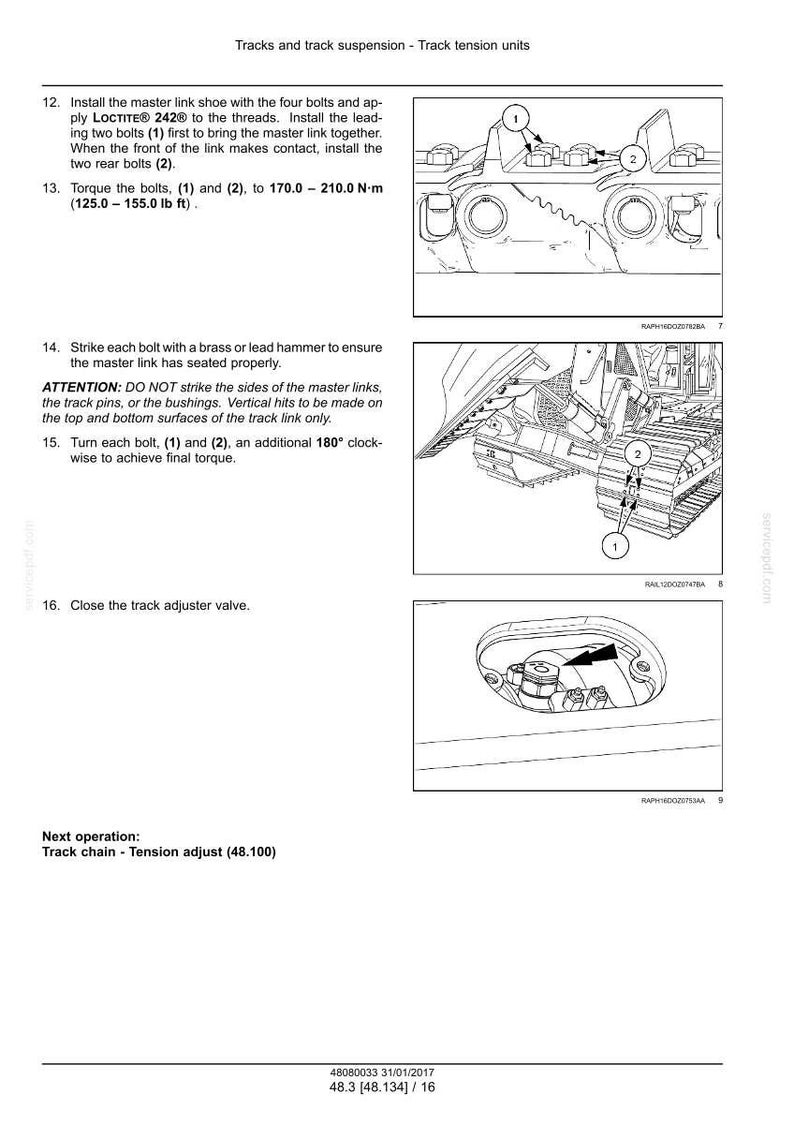 Peut inclure: Sch&eacute;ma technique des composants de la suspension de chenille et de la voie, avec instructions. Comprend des illustrations de boulons, de maillons ma&icirc;tres et de la soupape de r&eacute;glage de la voie. Mesures en N-m.