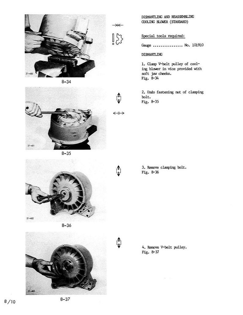 May include: A black and white diagram showing the dismantling and reassembling of a cooling blower. The image includes step-by-step instructions with figures and text, including the text "DISMANTLING AND REASSEMBLING COOLING BLOWER (STANDARD)".