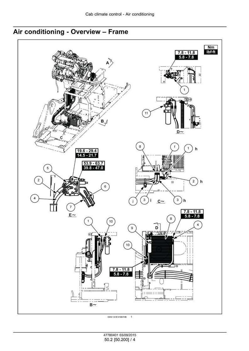 May include: Diagram of an air conditioning system, labeled with numbers and letters. The diagram includes measurements in lbf-ft and Nm, and is titled "Air conditioning - Overview - Frame."