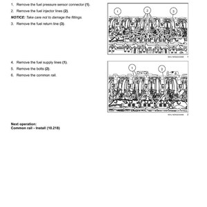 May include: Diagram of an engine fuel injection system, detailing the removal of the common rail. The image includes numbered steps and diagrams with labels for components like fuel injector lines and bolts.