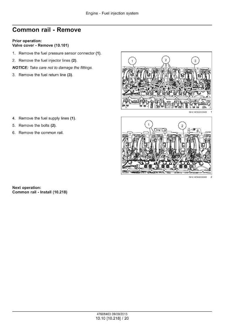 May include: Diagram of an engine fuel injection system, detailing the removal of the common rail. The image includes numbered steps and diagrams with labels for components like fuel injector lines and bolts.