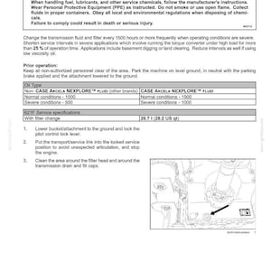 May include: Diagram of transmission fluid and filter maintenance instructions. Includes a warning about chemical hazards and instructions for changing the fluid and filter. The image also shows oil type specifications and service instructions.
