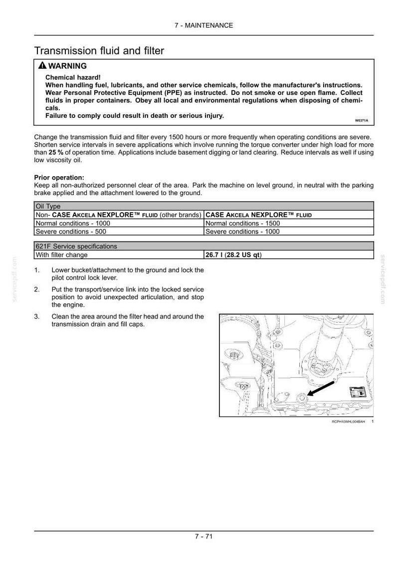 May include: Diagram of transmission fluid and filter maintenance instructions. Includes a warning about chemical hazards and instructions for changing the fluid and filter. The image also shows oil type specifications and service instructions.