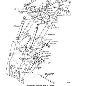 May include: An exploded diagram of a loader, with labels indicating various components such as pivot pins, bushings, and cylinders. The illustration is in black and white, with detailed mechanical parts and measurements.
