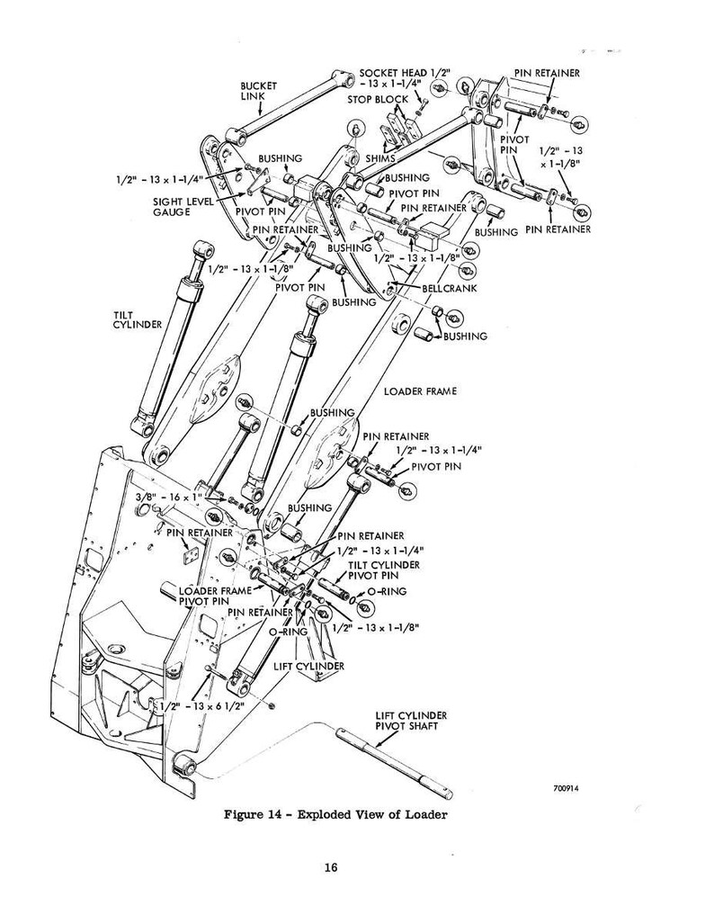 May include: An exploded diagram of a loader, with labels indicating various components such as pivot pins, bushings, and cylinders. The illustration is in black and white, with detailed mechanical parts and measurements.