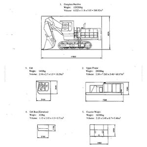 May include: A technical document titled Transportation Weight Table featuring a black and white line drawing of an excavator. It lists weights and volumes for the complete machine, cab, upper frame, cab base, and counter weight in metric units.