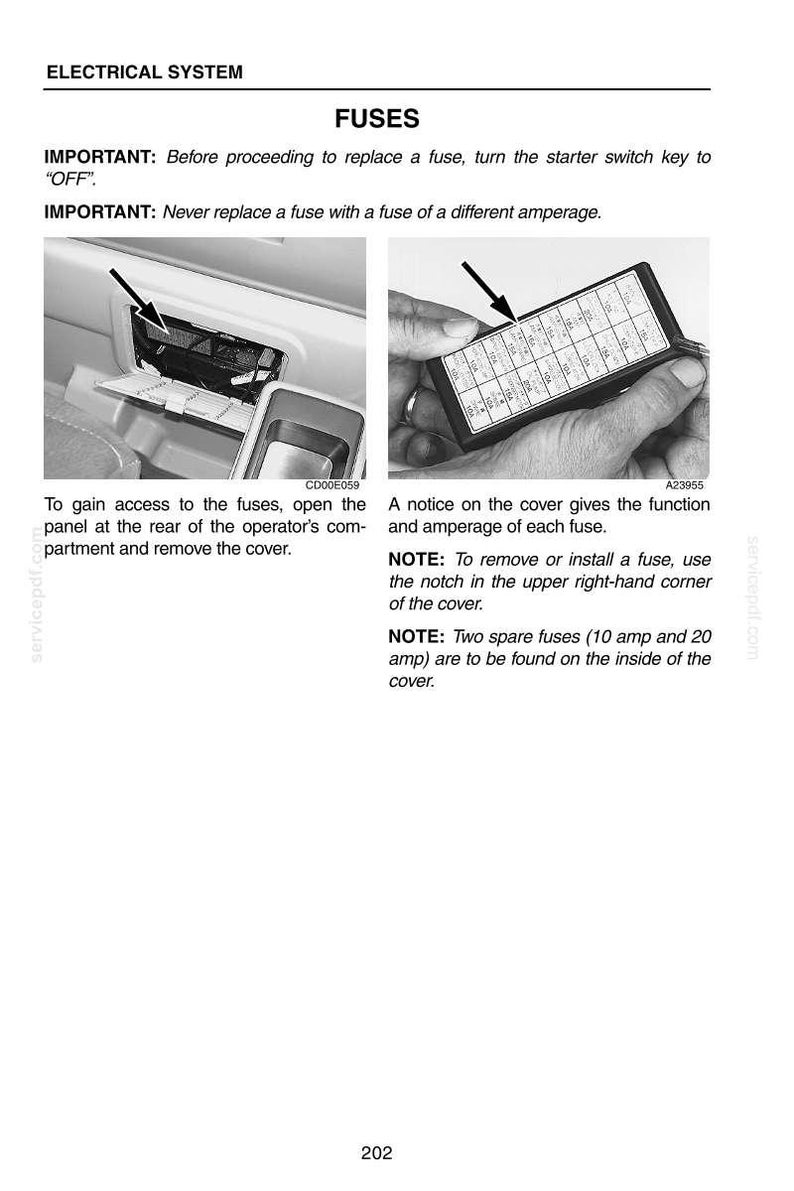 May include: Image showing automotive fuses and their location. The image includes a diagram of the fuse layout and instructions for replacement. Text includes "FUSES" and safety warnings about fuse replacement.